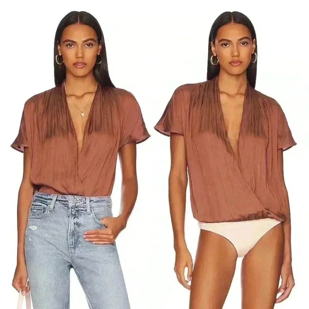 PAIGE Rust Brown Satin Surplice Short Sleeve Blouse